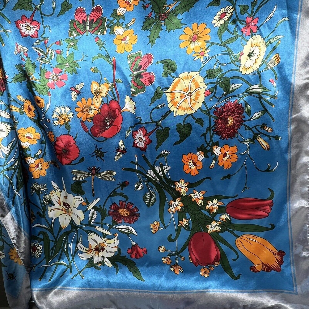 Silky Scarf Scarves Blue Flower Floral Tulips Dragonflies Lilies Butterflies